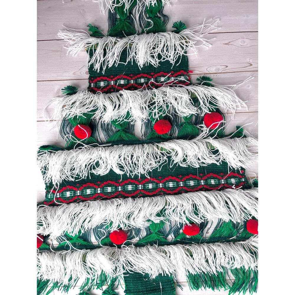 Vintage 1970s Textile Fiber Christmas Tree Wall Hanging Fringe Tinsel Pom Poms - Picture 3 of 9